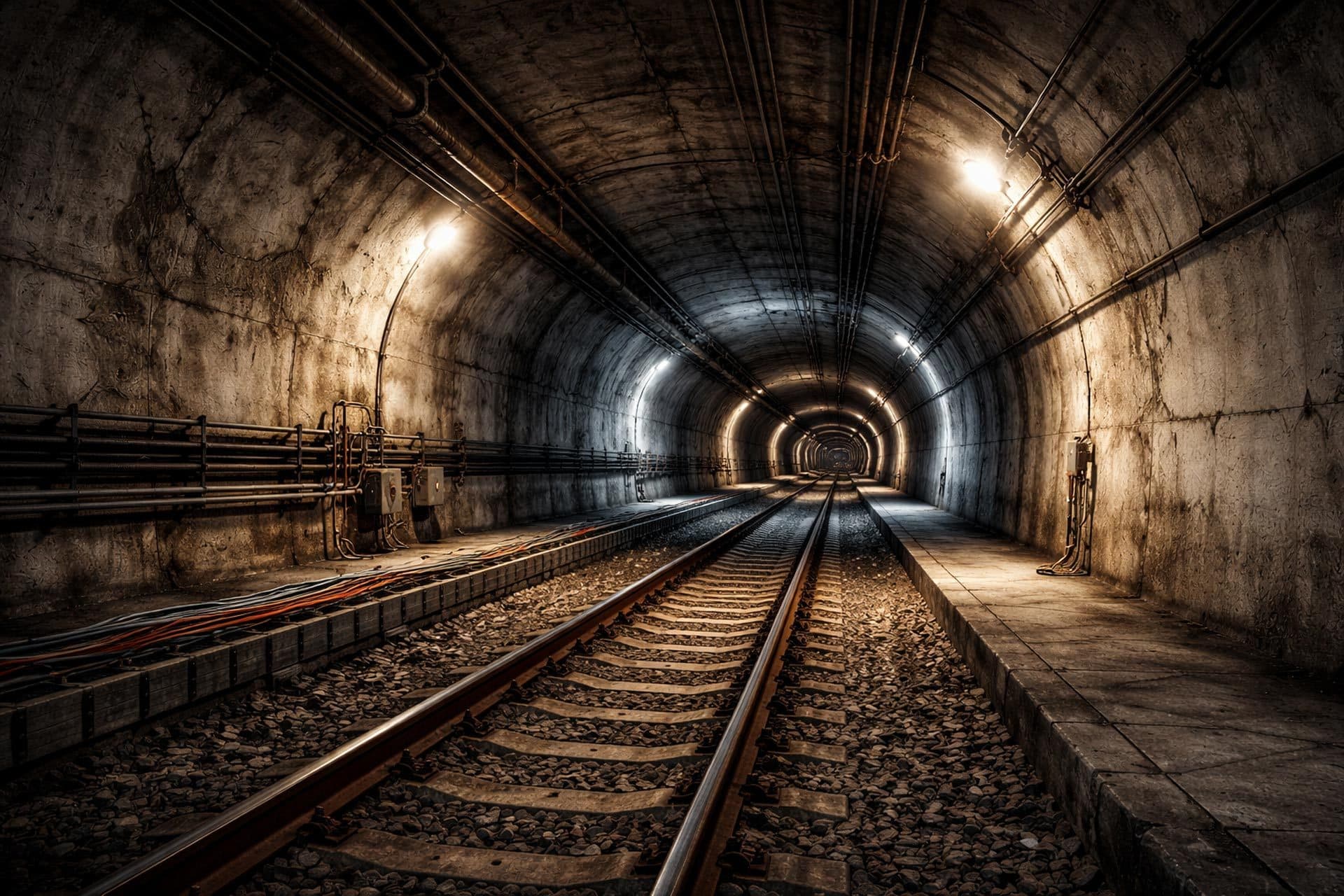 Beleuchteter Eisenbahntunnel mit Gleisen, Kabeltrassen und Entwässerungsrinne