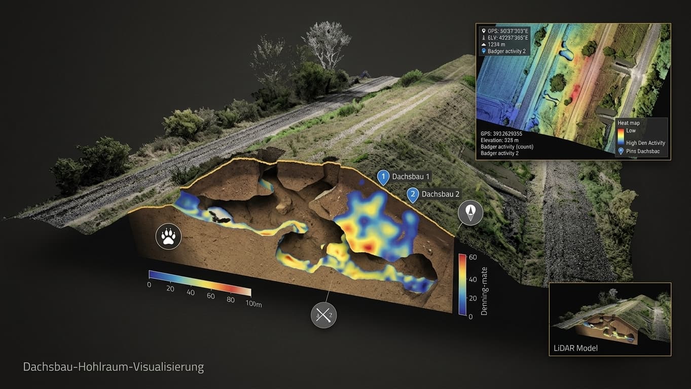 DALOS: Dachsbau-Hohlraum-Visualisierung im LiDAR-Modell eines Bahndamms mit Heatmap der Aktivität